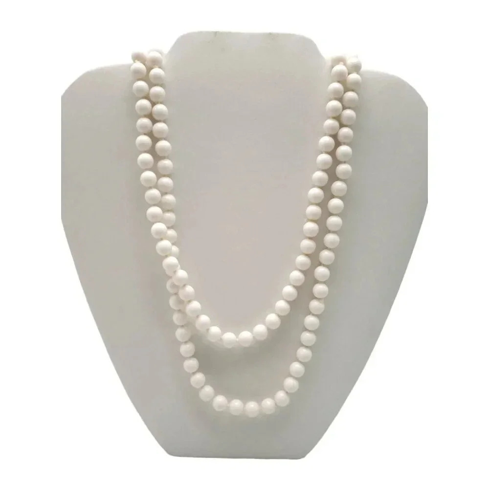 Hand Knotted Long Strand Milky White Glass Beaded Necklace Gold Tone Vintage